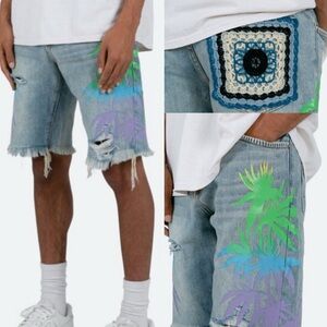 NWT MNML R468 Palm Denim Jean Shorts Light Wash Distressed Granny Square Size 30